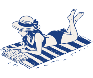 Illustrated girl relaxing on a beach towel in a swimsuit and wide-brimmed hat reading a book.