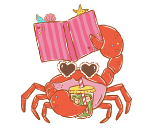 Red crab with sunglasses, sipping an iced drink with a straw, and holding up a book with stickers and seashells as bookmarks.