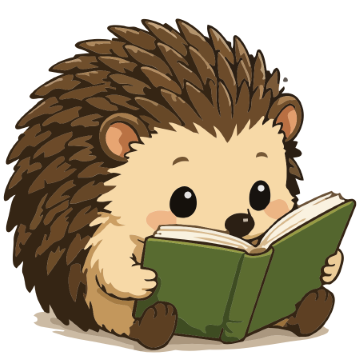 A young bright-eyed hedgehog sitting on the floor reading a green book.